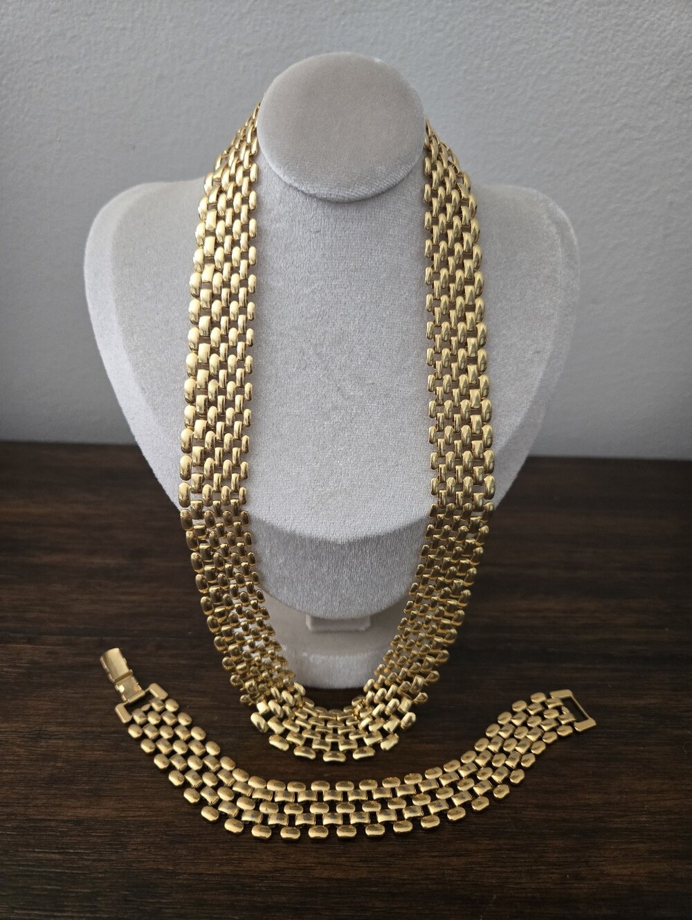 VTG 80s Napier Gold Tone Panther Link Collar Necklace Bracelet Set